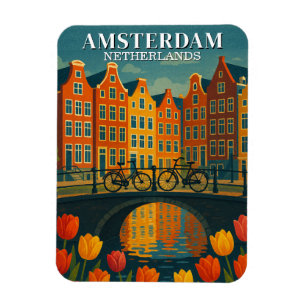 Vintage Amsterdam Bicycles on Bridge Flowers Magnet