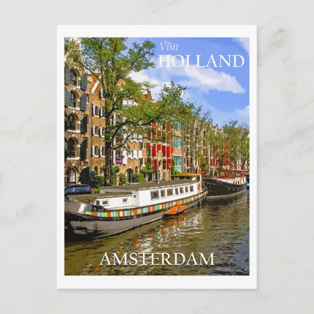 Vintage Amsterdam Netherlands Canal Boat Travel Postcard (Front)