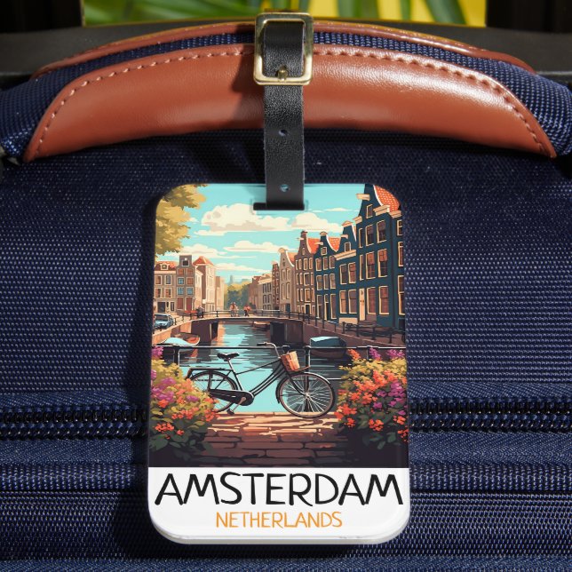 Vintage Amsterdam Netherlands Painting Luggage Tag (Front Insitu 2)