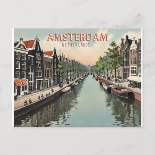 Vintage Amsterdam Netherlands Waterfront  Boat Postcard