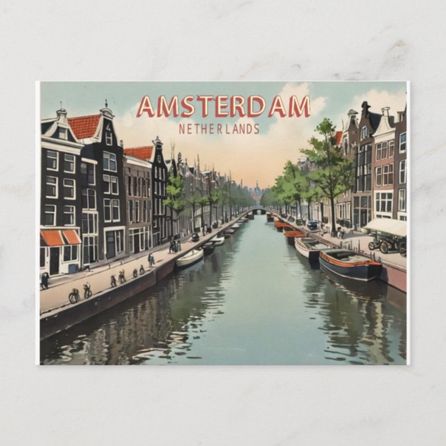 Vintage Amsterdam Netherlands Waterfront & Boat Postcard (Front)