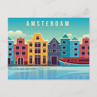 Vintage Amsterdam Netherlands Waterfront & Boat Postcard