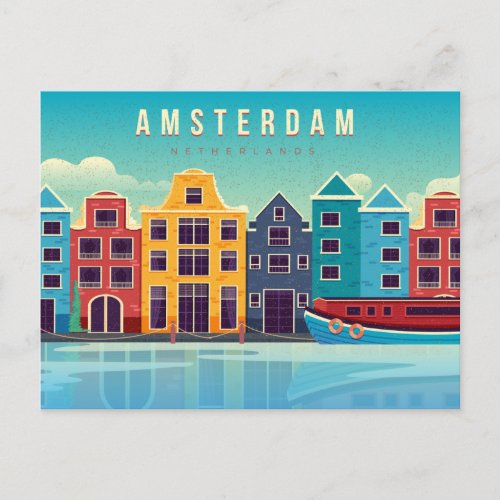 Vintage Amsterdam Netherlands Waterfront  Boat Postcard