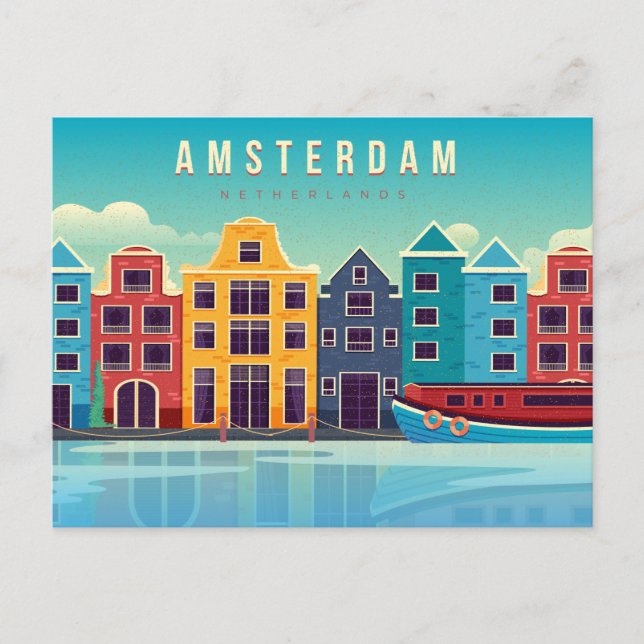 Vintage Amsterdam Netherlands Waterfront & Boat Postcard (Front)