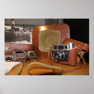 Vintage analog camera in leather brown case poster
