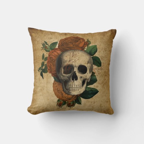 Vintage Anatomy 101  Skull with Rose Throw Pillow