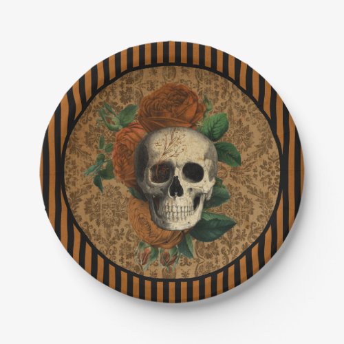 Vintage Anatomy  Skull with Roses Halloween Paper Plates