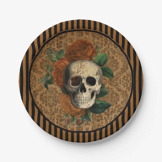 Vintage Anatomy | Skull with Roses Halloween Paper Plates (Front)