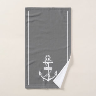 Vintage anchor and frame with name, gray nautical hand towel