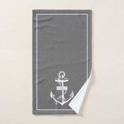 Vintage anchor and frame with name gray nautical  hand towel 