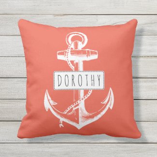 Vintage anchor and name coral nautical reversible throw pillow