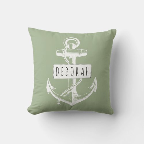 Vintage anchor and name green nautical reversible outdoor pillow