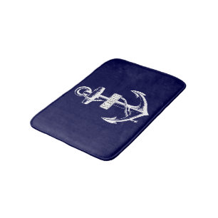 Vintage anchor and name, navy blue nautical bath mat