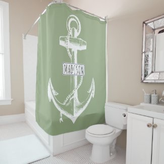 Vintage anchor and name on sage green nautical  shower curtain