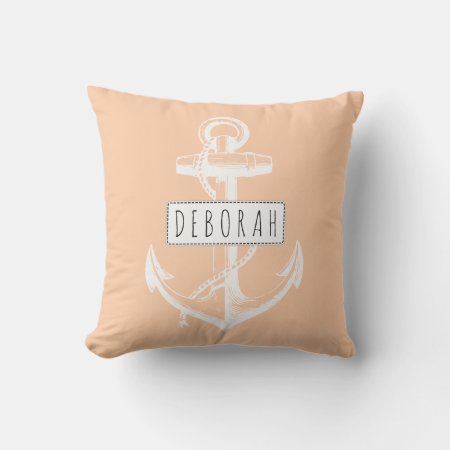 Vintage Anchor And Name Peach Nautical Reversible  Outdoor Pillow