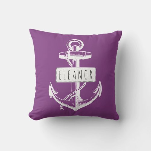 Vintage anchor and name purple nautical reversible throw pillow