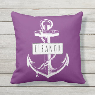 Vintage anchor and name purple nautical reversible throw pillow