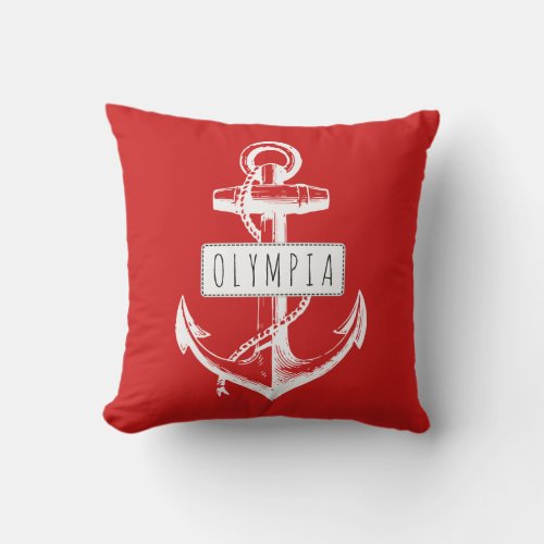 Vintage anchor and name red nautical reversible outdoor pillow