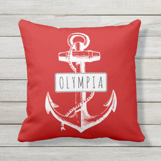 Vintage anchor and name red nautical reversible outdoor pillow