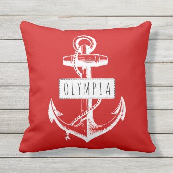 Vintage Anchor And Name Red Nautical Reversible Outdoor Pillow by patternpillow at Zazzle