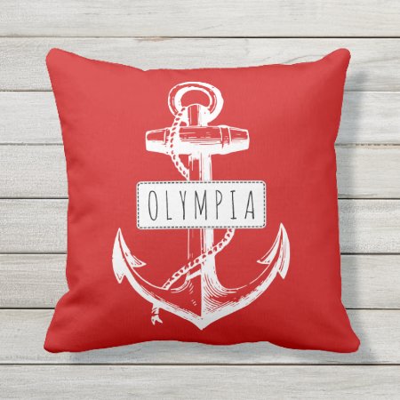 Vintage Anchor And Name Red Nautical Reversible Outdoor Pillow