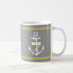 Vintage anchor and stripes gray, yellow nautical coffee mug