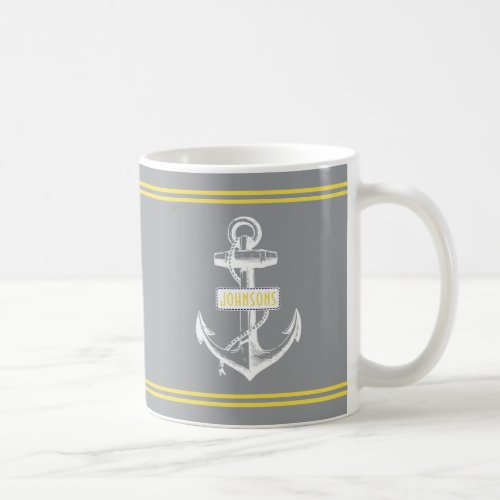 Vintage anchor and stripes gray yellow nautical coffee mug