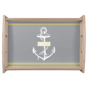 Vintage anchor and stripes gray, yellow nautical serving tray