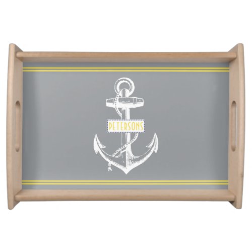 Vintage anchor and stripes gray yellow nautical  serving tray
