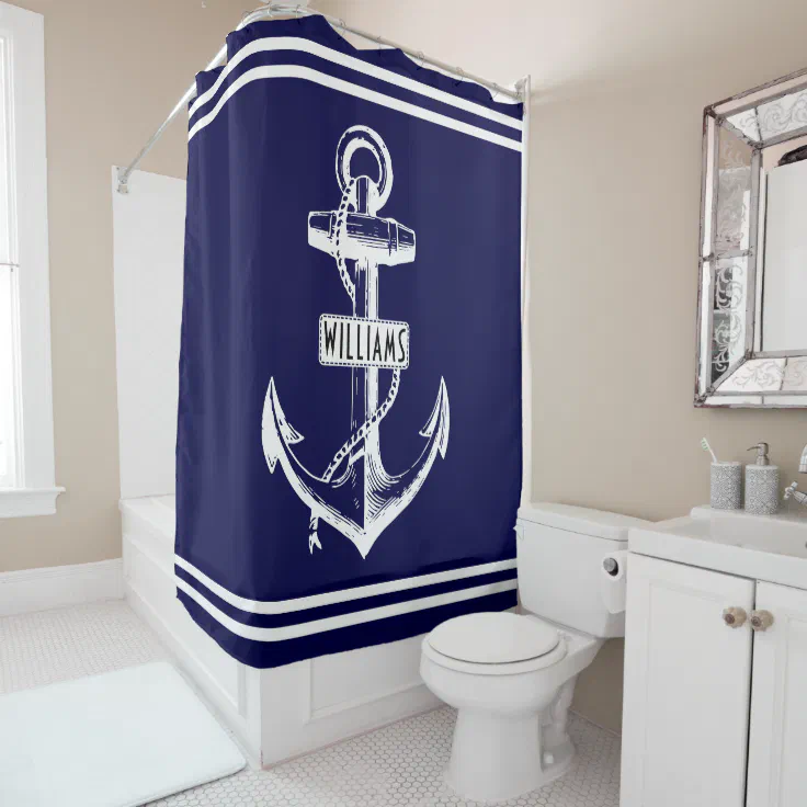 Vintage anchor and stripes navy blue nautical shower curtain Zazzle