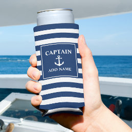 Vintage Anchor Captain or Boat Name Navy Stripes Seltzer Can Cooler