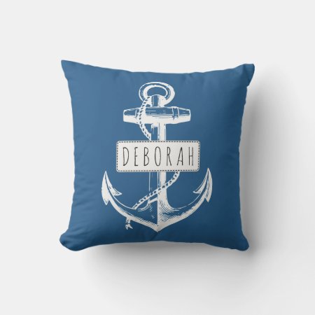 Vintage Anchor Classic Blue Nautical Reversible Outdoor Pillow