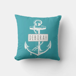 Vintage anchor classic teal nautical reversible outdoor pillow
