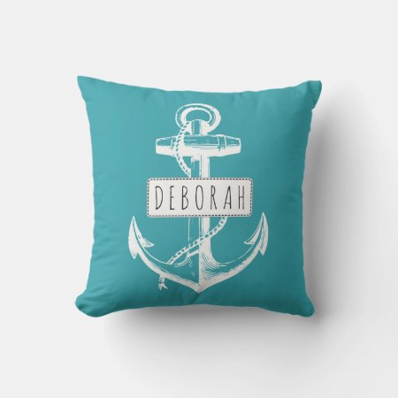 Vintage Anchor Classic Teal Nautical Reversible Outdoor Pillow