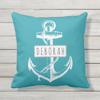 Vintage anchor classic teal nautical reversible outdoor pillow
