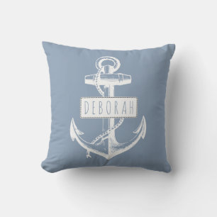 Vintage anchor dusty blue nautical reversible outdoor pillow