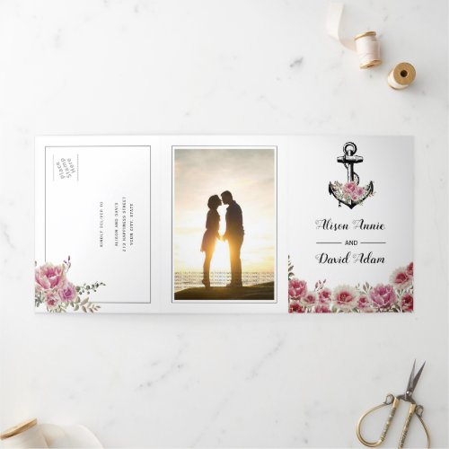 Vintage anchor dusty rose flowers nautical wedding Tri_Fold invitation