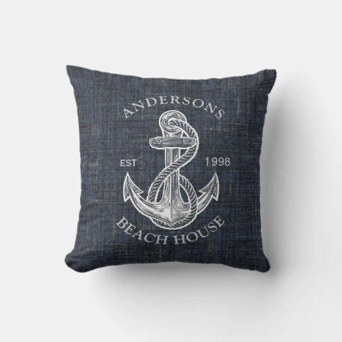 Vintage Anchor Family Name Navy Blue Nautical  Outdoor Pillow