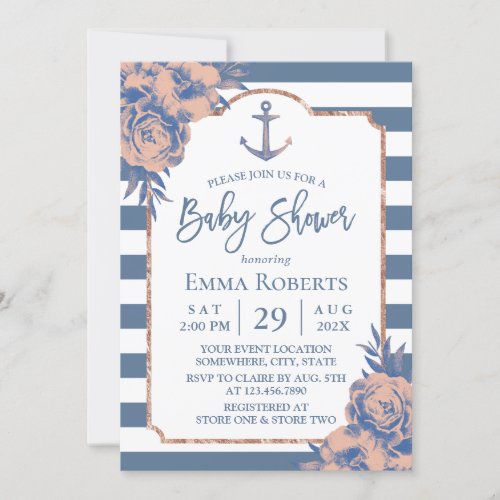 Vintage Anchor Floral Dusty Blue Baby Shower Invitation