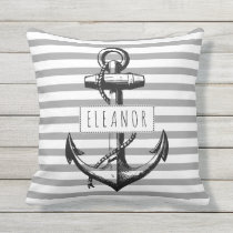 Vintage anchor grey white striped pattern nautical throw pillow