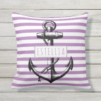 Vintage anchor lavender striped pattern nautical outdoor pillow