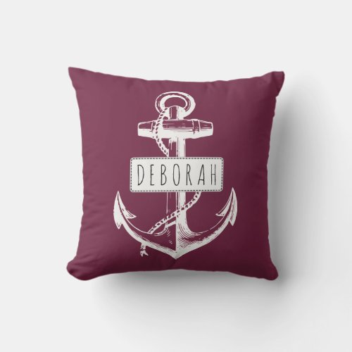 Vintage anchor name burgundy nautical reversible outdoor pillow