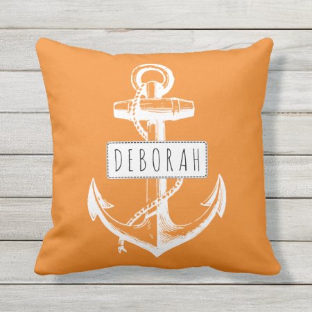 Vintage Anchor Name Orange Nautical Reversible Outdoor Pillow