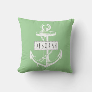 Vintage anchor name sage green nautical reversible outdoor pillow
