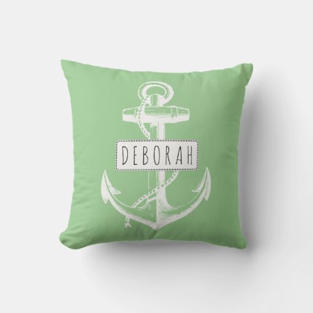 Vintage Anchor Name Sage Green Nautical Reversible Outdoor Pillow