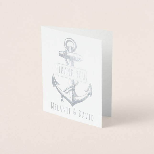 Vintage anchor nautical wedding silver foil card (Front)