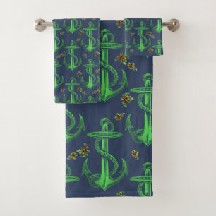 Vintage Anchor Navy Green Christmas Towel Set