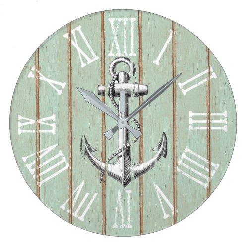 Vintage Anchor On Rustic Wood Nautical Theme Large Clock