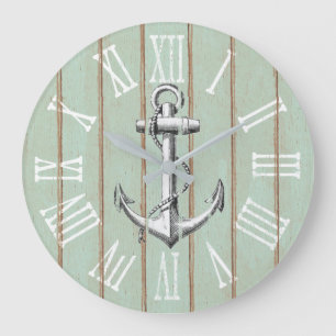 Vintage Anchor On Rustic Wood Nautical Theme Large Clock