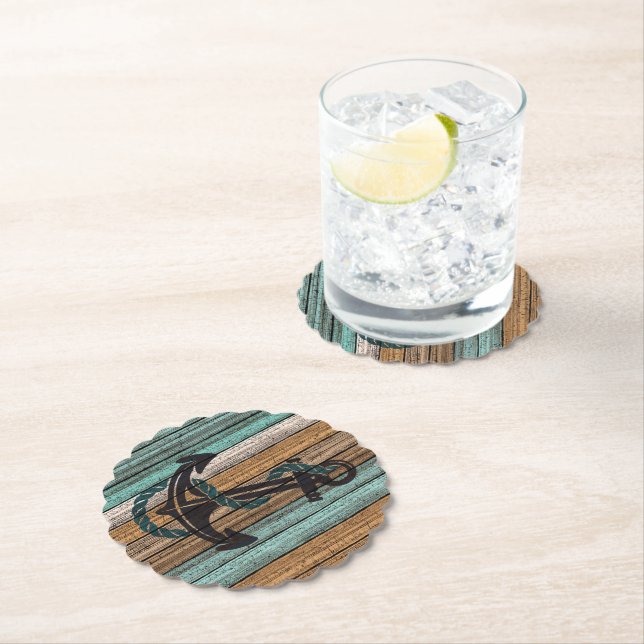 Vintage Anchor On Weathered Wooden Planks Pattern Paper Coaster (Insitu)